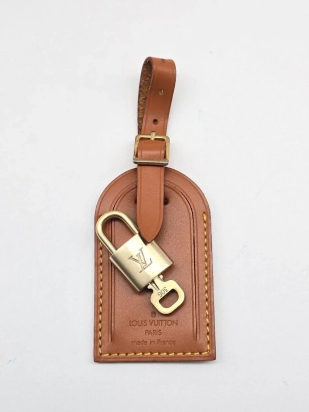 Authentic Louis Vuitton LV Large Brown Luggage Tag Gold Padlock Key w/ Box